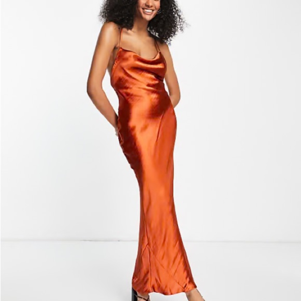 ASOS cami maxi slip dress in copper with high shine satin and lace up back